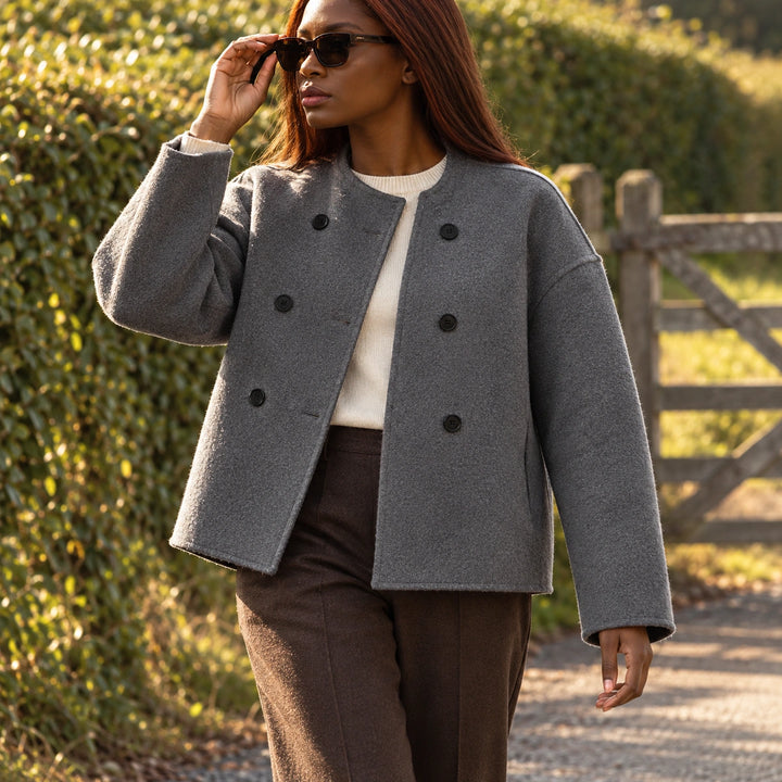 Prudence Wool Cropped Double Breasted Coat - Gray