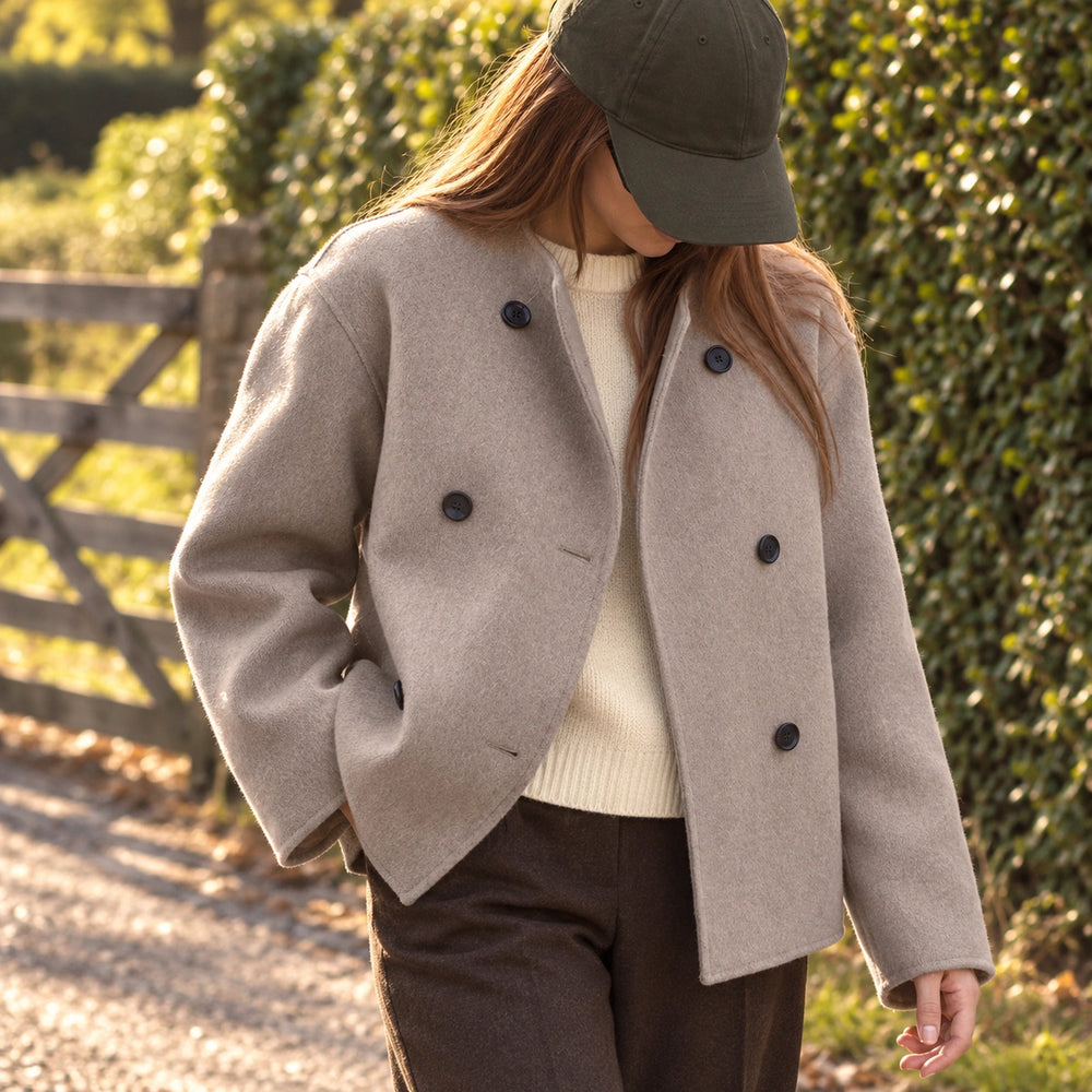 Prudence Wool Cropped Double Breasted Coat - Taupe