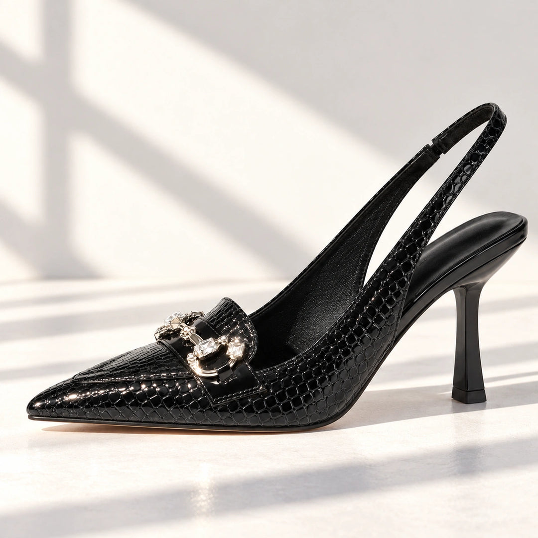 Quinn Croc Crystal Horsebit Slingback Pumps - Black