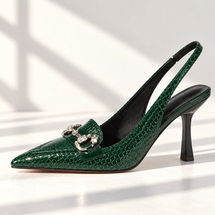 Quinn Croc Crystal Horsebit Slingback Pumps - Dark Green