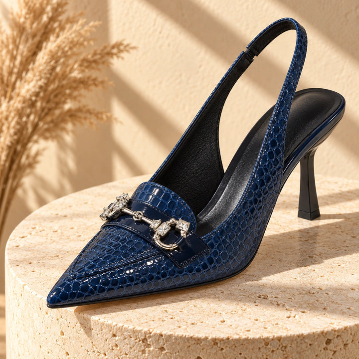 Quinn Croc Crystal Horsebit Slingback Pumps - Navy
