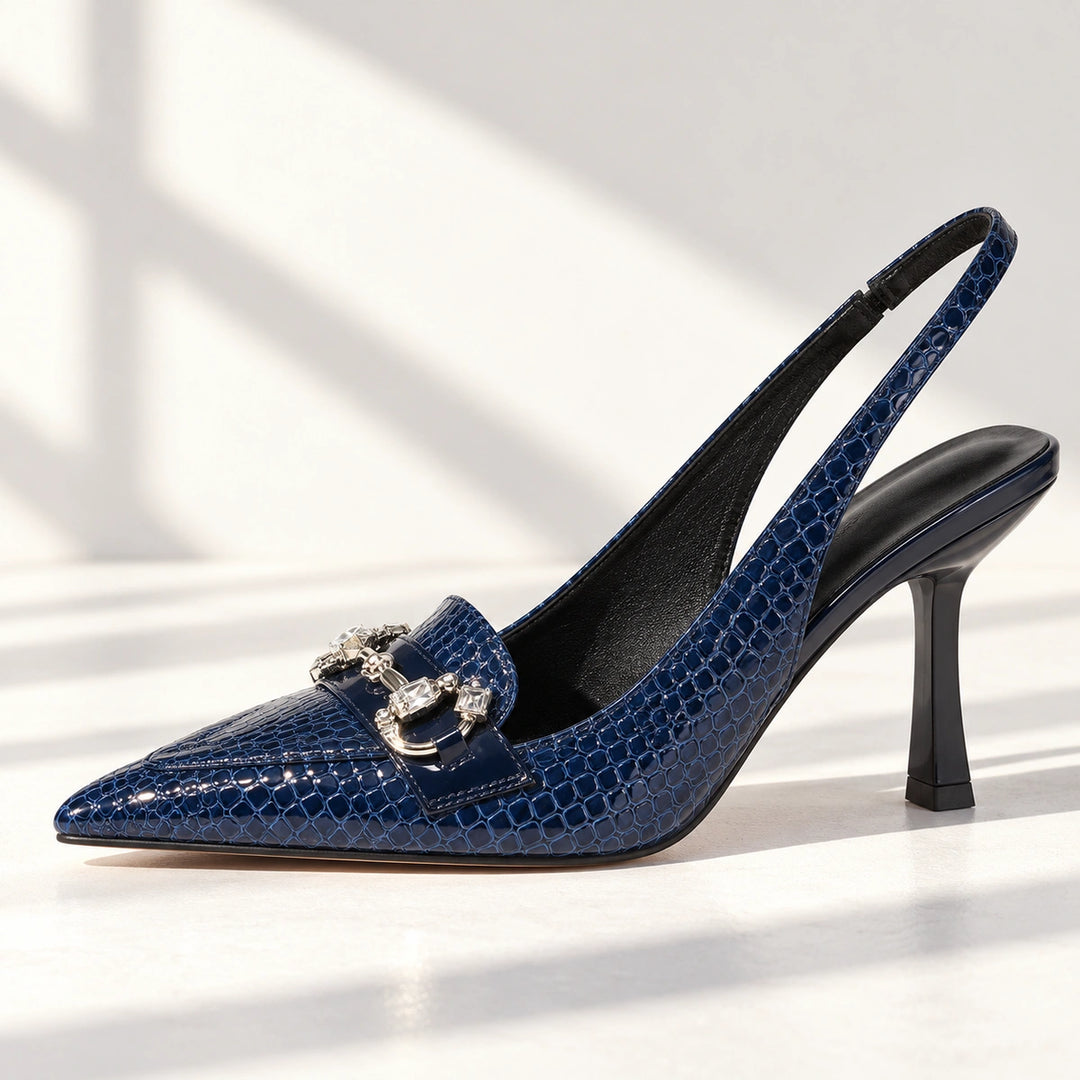Quinn Croc Crystal Horsebit Slingback Pumps - Navy