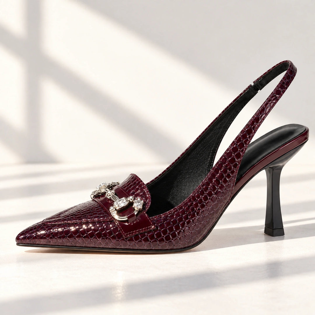 Quinn Croc Crystal Horsebit Slingback Pumps - Wine Red