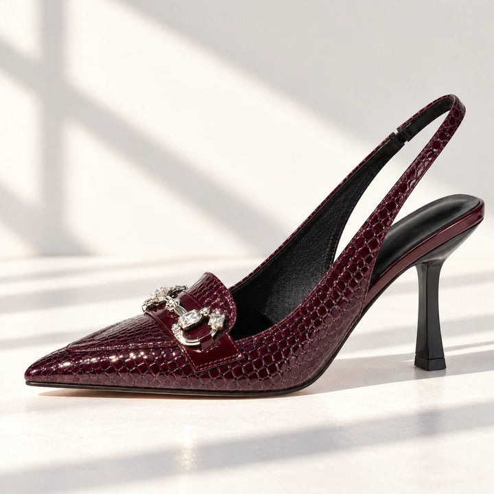 Quinn Croc Crystal Horsebit Slingback Pumps - Wine Red
