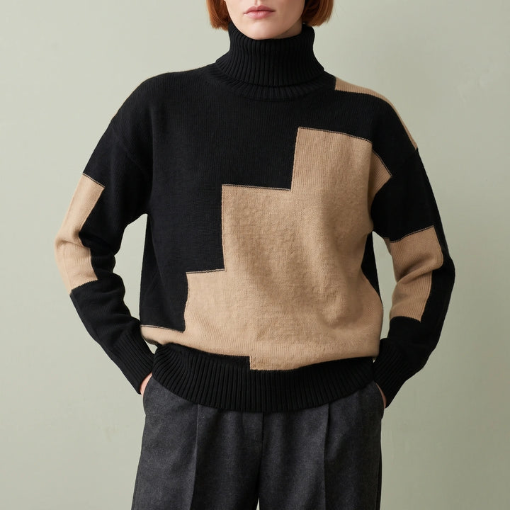 Raffaella Stepped Colorblock Knit Turtleneck Sweater - Camel