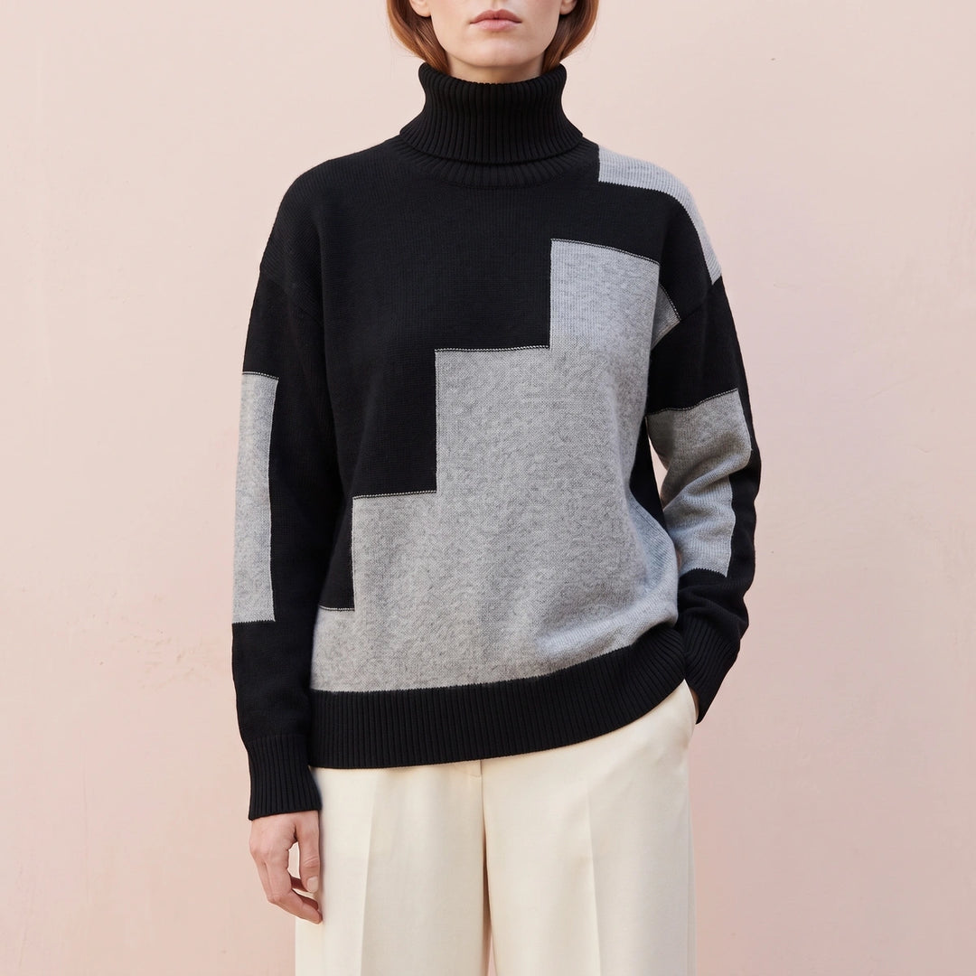 Raffaella Stepped Colorblock Knit Turtleneck Sweater - Gray