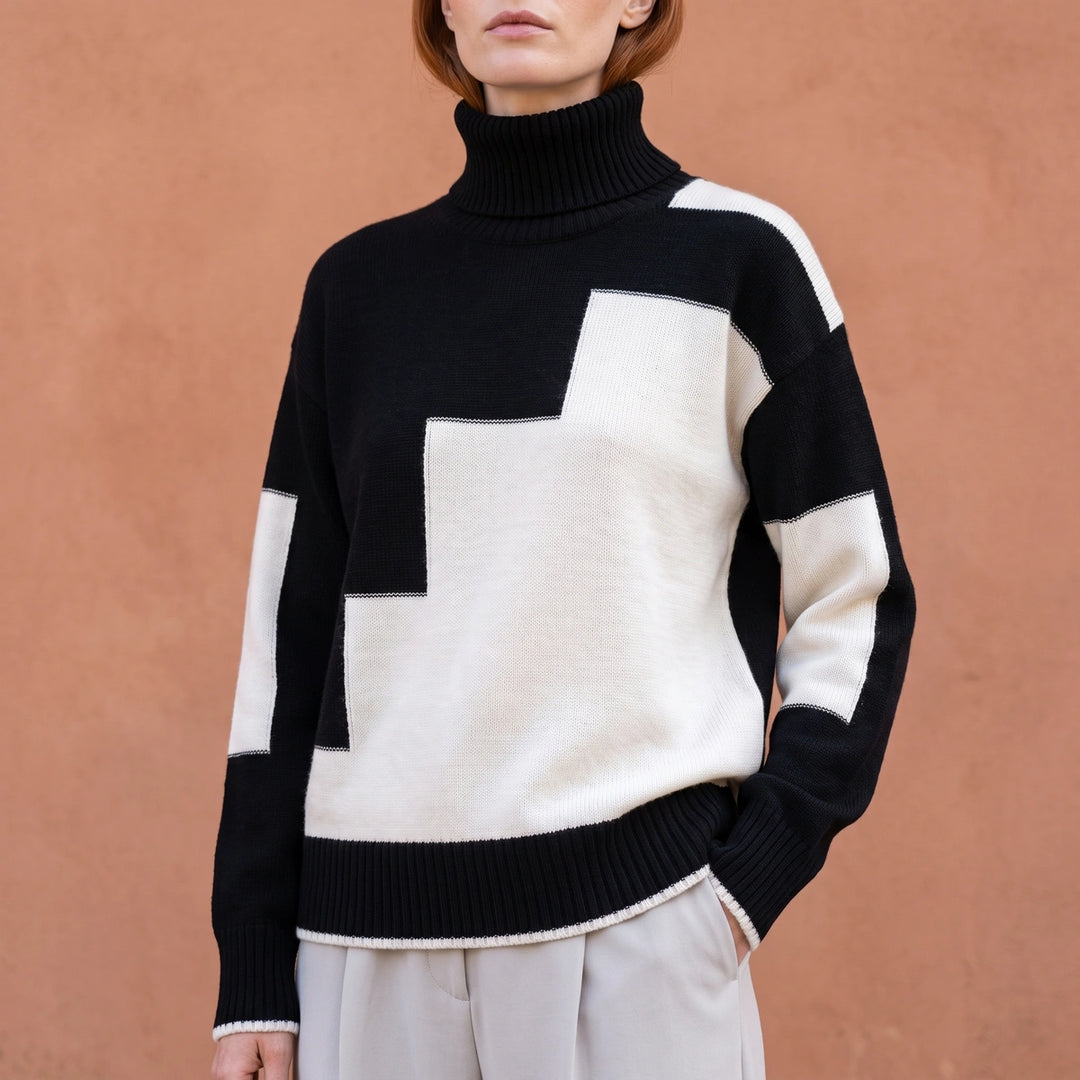 Raffaella Stepped Colorblock Knit Turtleneck Sweater - White