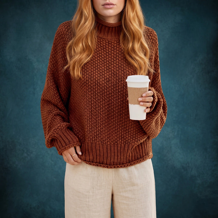 Antonia Waffle Knit Turtleneck Sweater - Brown