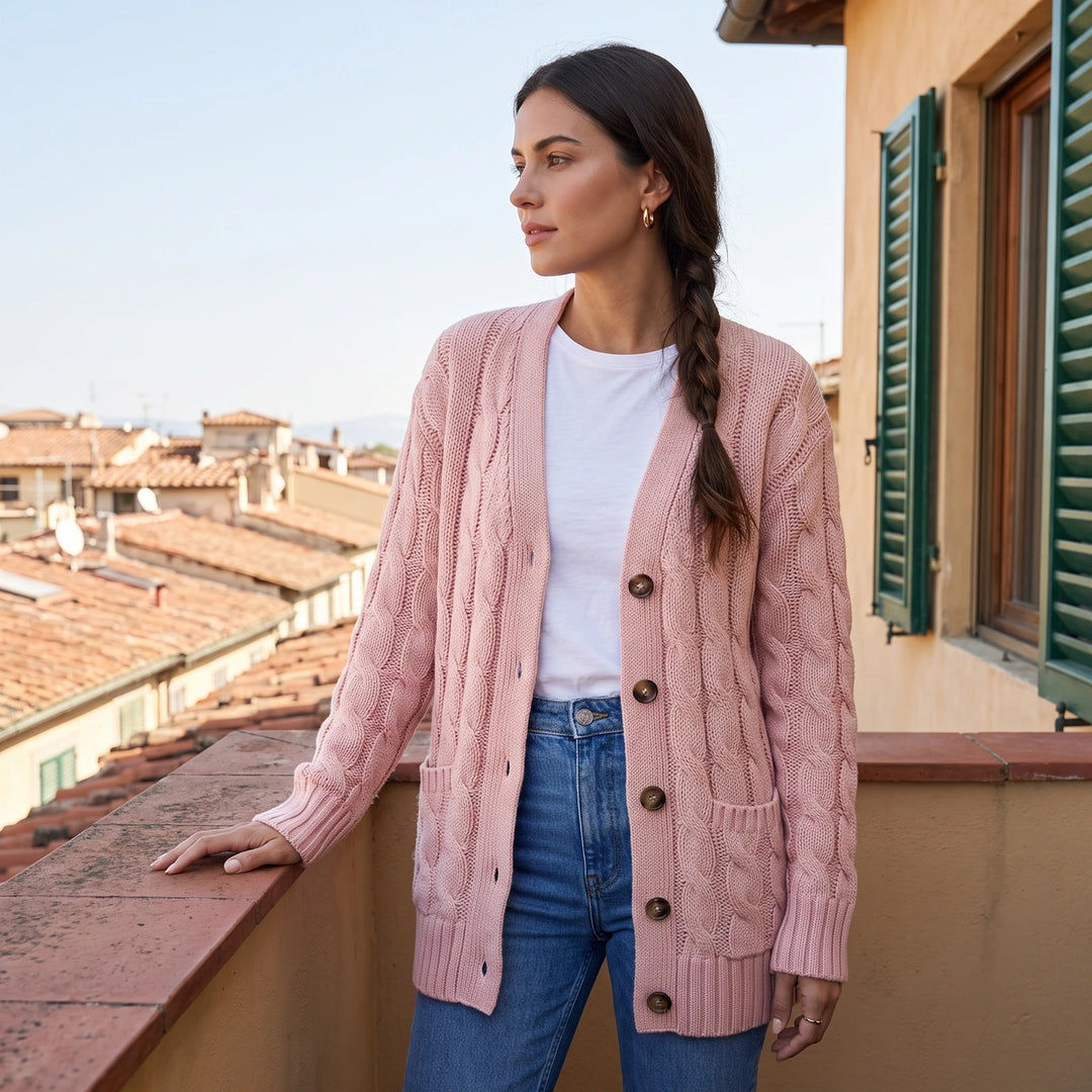 Annabel Chunky Cable Knit Cardigan - Pink