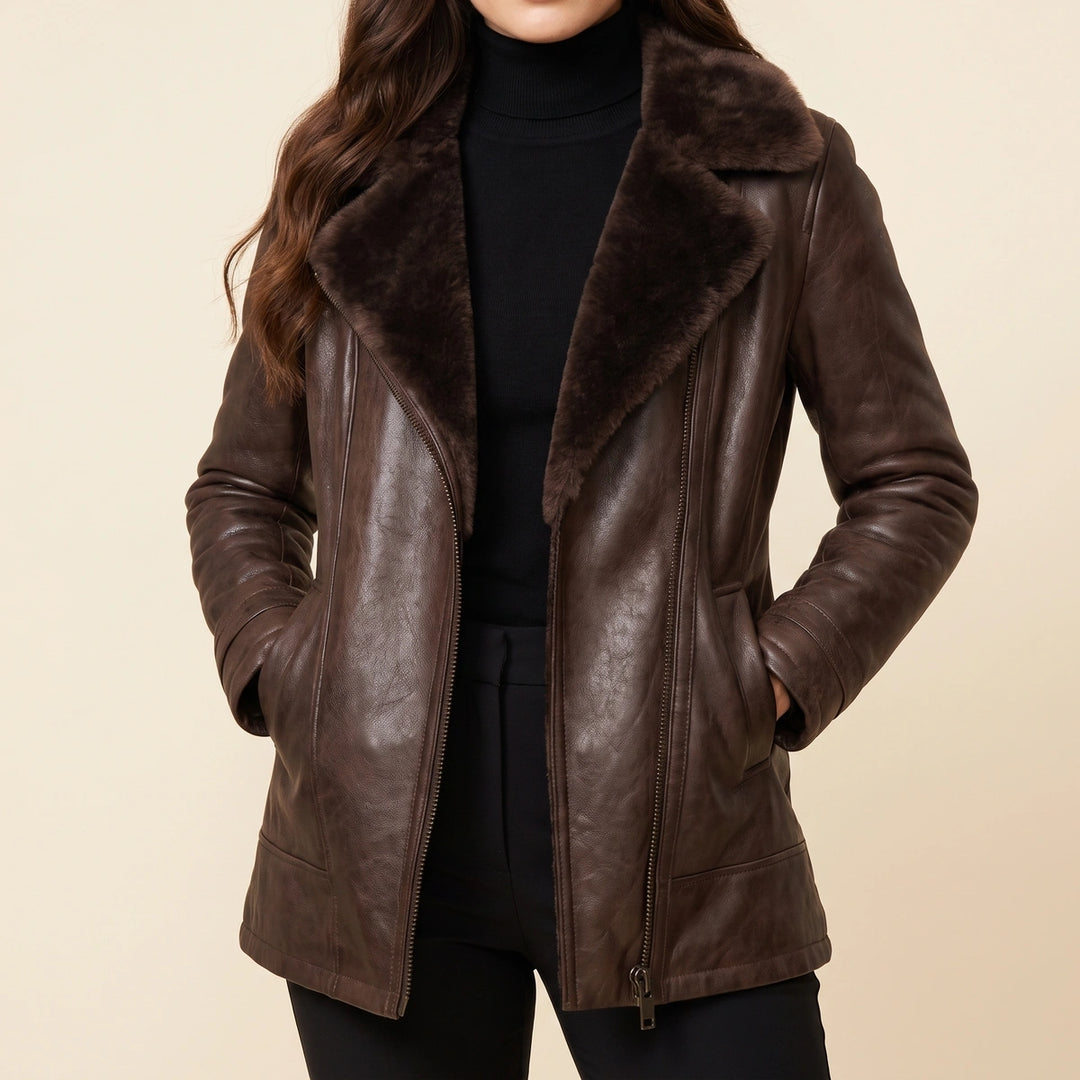 Emmeline Shearling Lined Leather Jacket - Brown