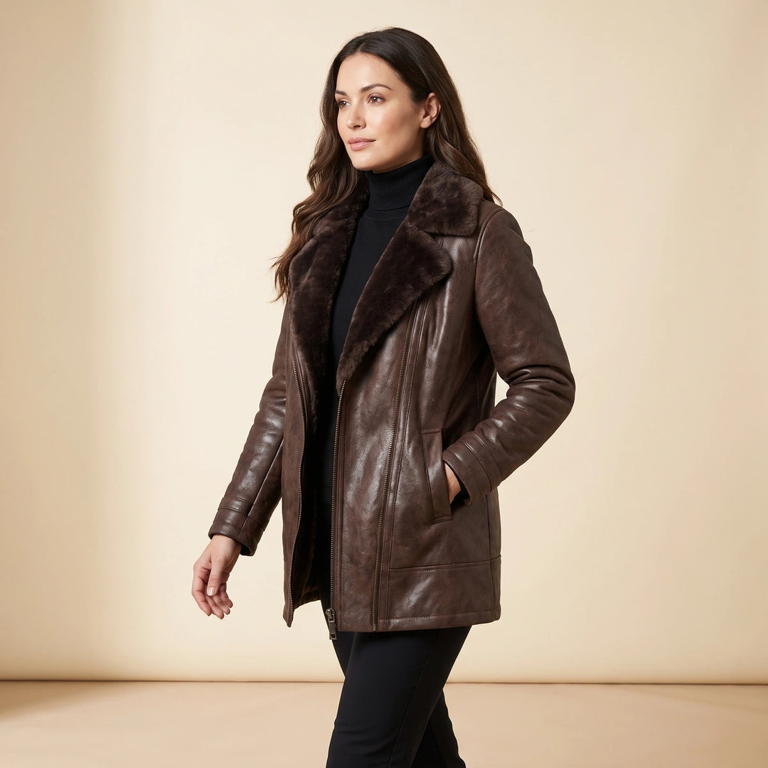 Emmeline Shearling Lined Leather Jacket - Brown
