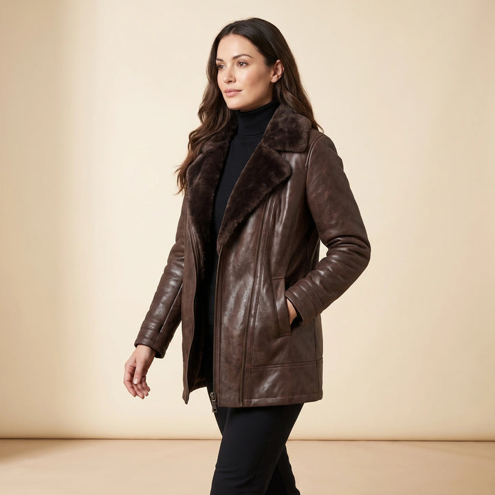 Emmeline Shearling Lined Leather Jacket - Brown