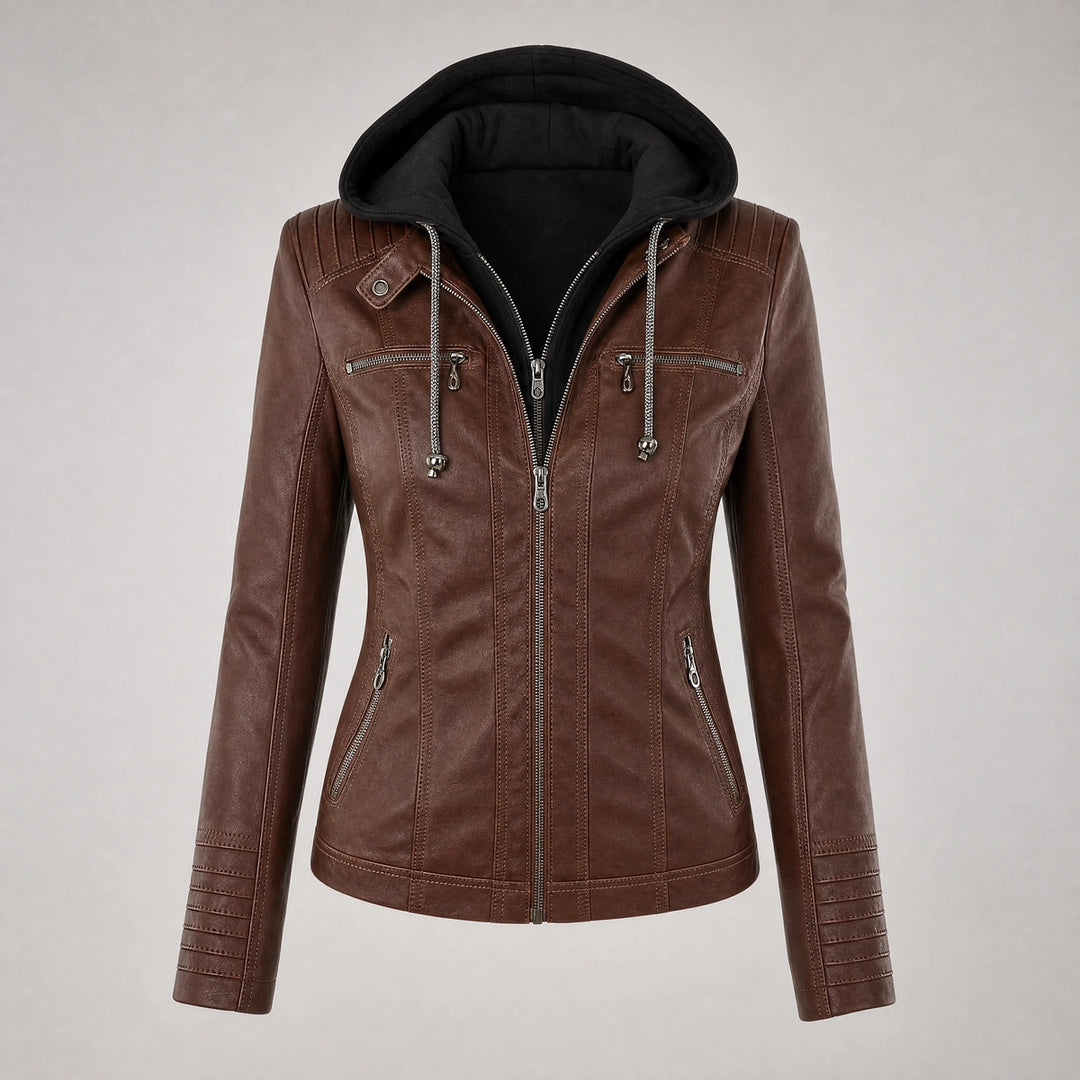 Gwendolen Hooded Moto Leather Jacket - Brown