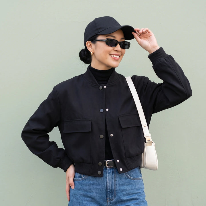Astrid Cropped Snap Front Bomber Jacket - Black