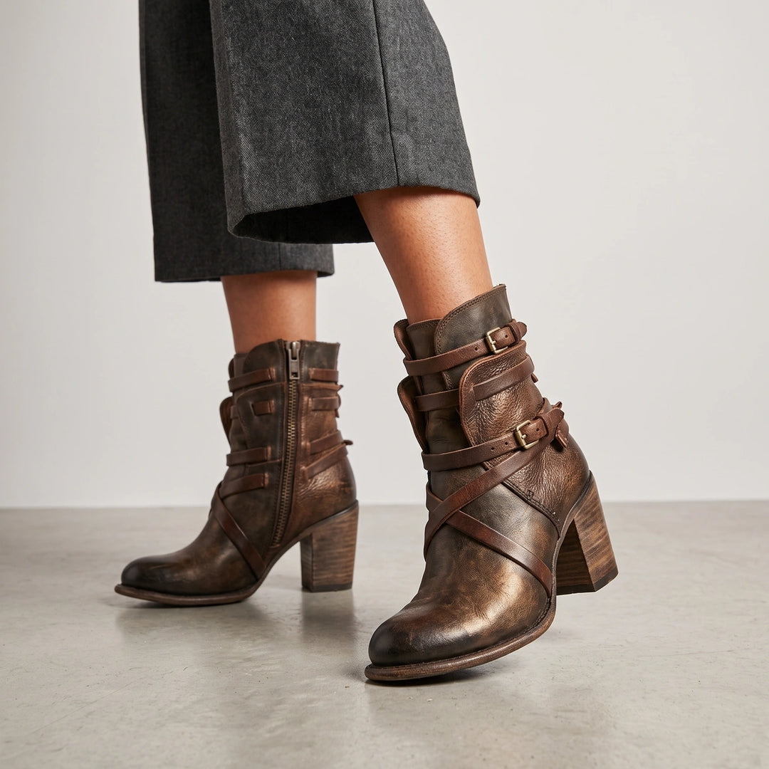 Bridget Buckle Strap Leather Ankle Boots - Dark Brown