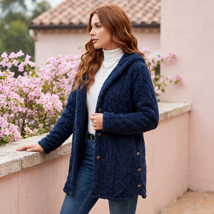 Juniper Plush Cable Knit Hooded Cardigan - Navy Blue