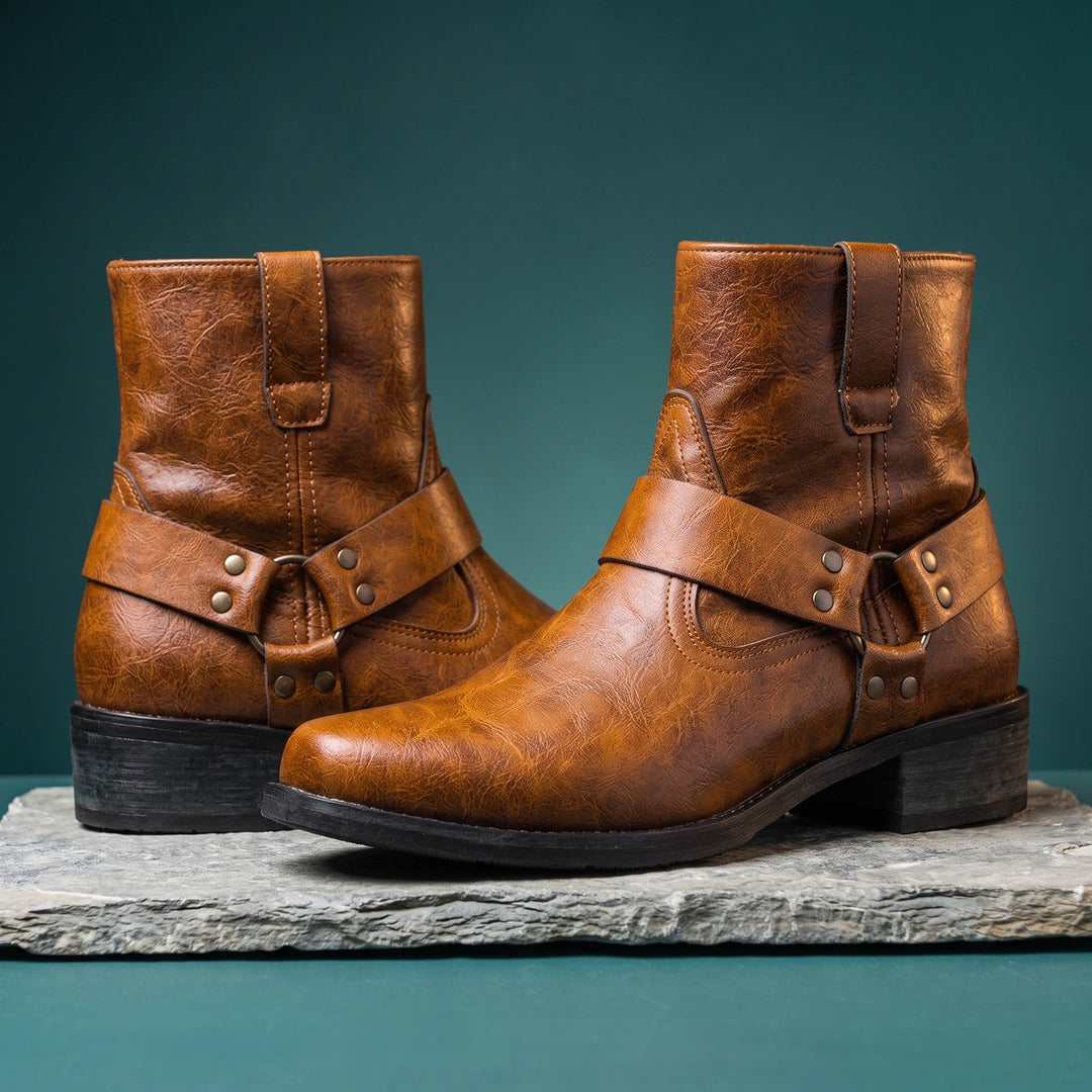 Tobias Leather Harness Ankle Boots - Brown