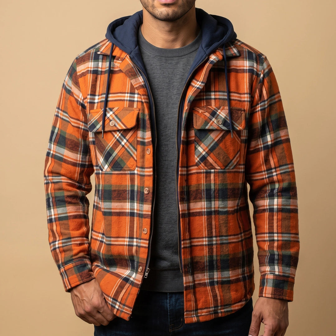 Grant Plaid Fleece Lined Hooded Jacket - Orange