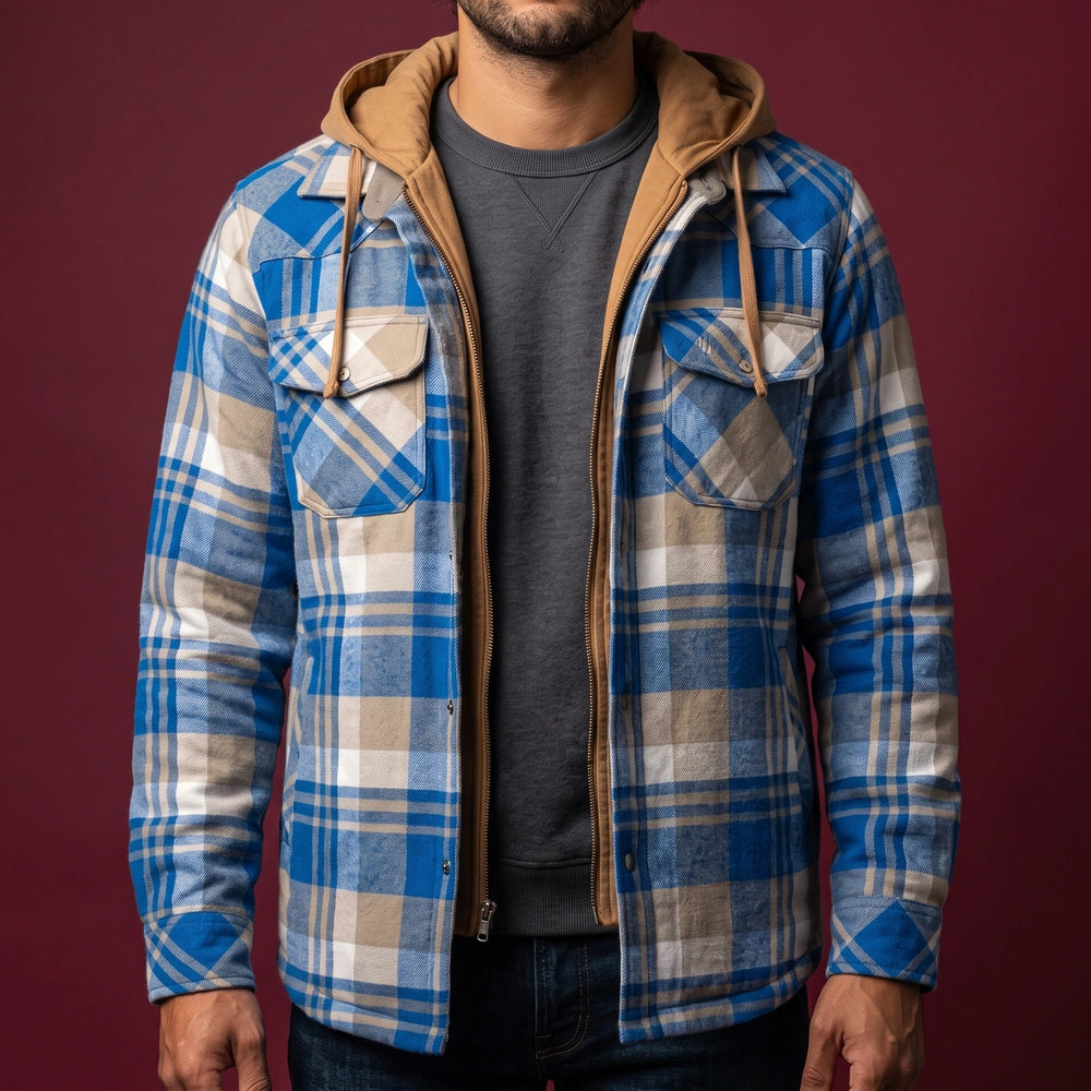Grant Plaid Fleece Lined Hooded Jacket - Blue