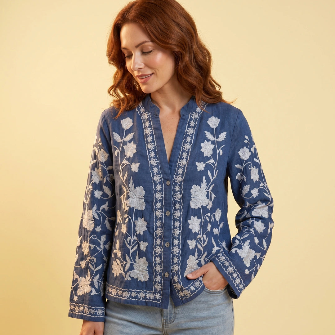 Viola Floral Embroidered Cardigan - Blue