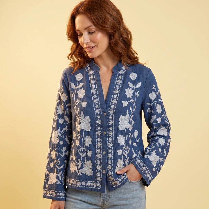 Viola Floral Embroidered Cardigan - Blue