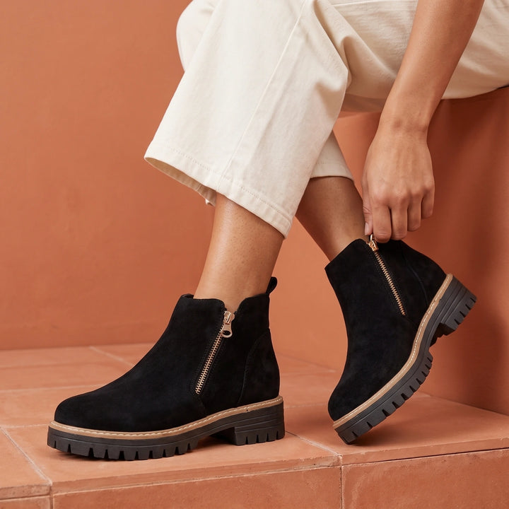 Maeve Suede Lug Sole Chelsea Boots - Black