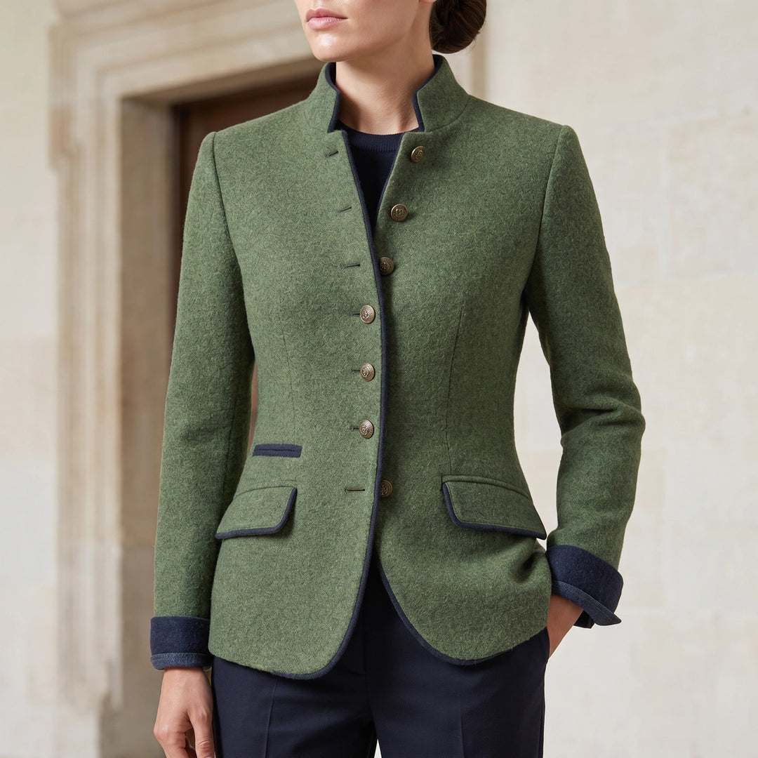 Marcella Piped Stand Collar Wool Blazer - Green