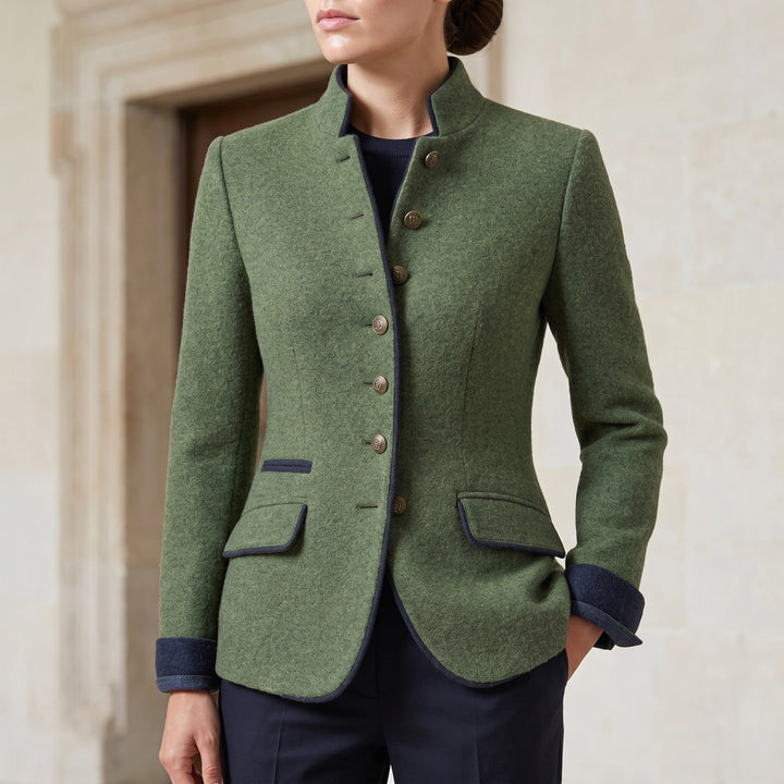 Marcella Piped Stand Collar Wool Blazer - Green