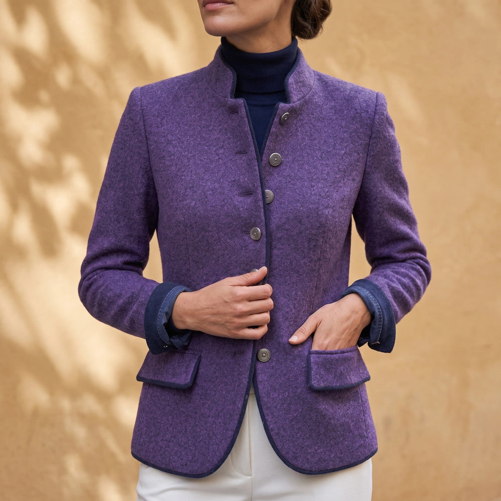 Marcella Piped Stand Collar Wool Blazer - Purple