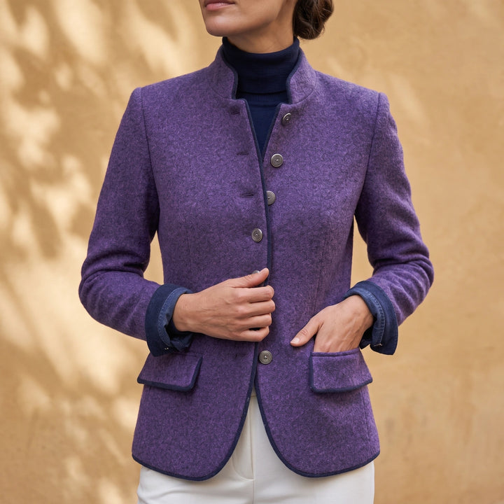 Marcella Piped Stand Collar Wool Blazer - Purple