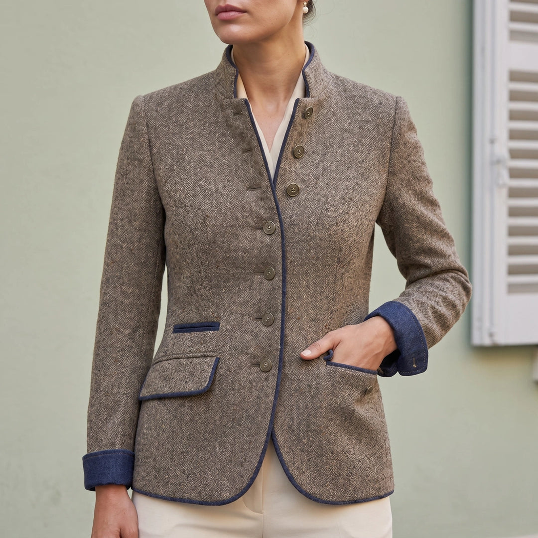 Marcella Piped Stand Collar Wool Blazer - Coffee