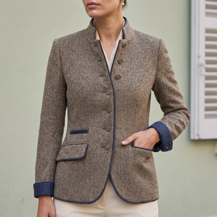 Marcella Piped Stand Collar Wool Blazer - Coffee