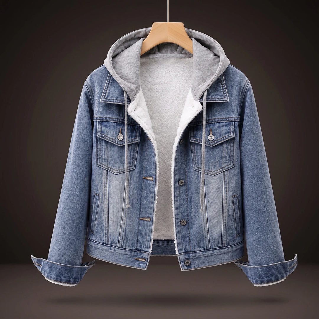 Signe Women's Hooded Sherpa Denim Jacket - Sky Blue