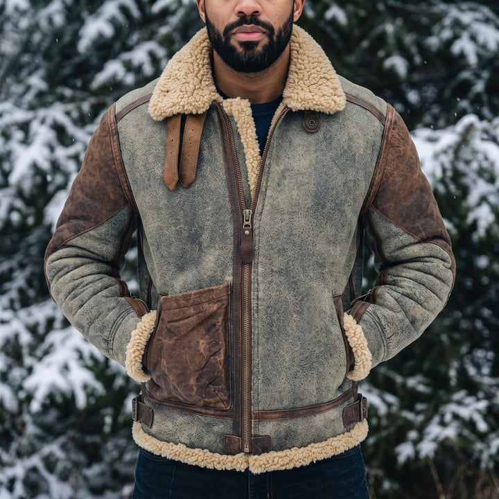 Leopold Sheepskin Lined Leather Jacket - Gray &amp; Coffee