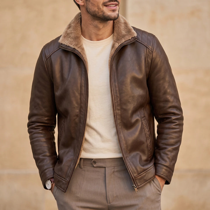 Cornelius Fleece Lined Leather Jacket - Brown