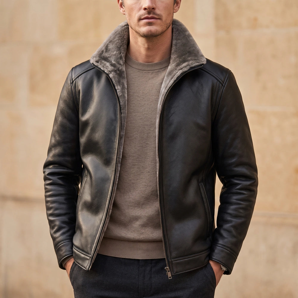 Cornelius Fleece Lined Leather Jacket - Black