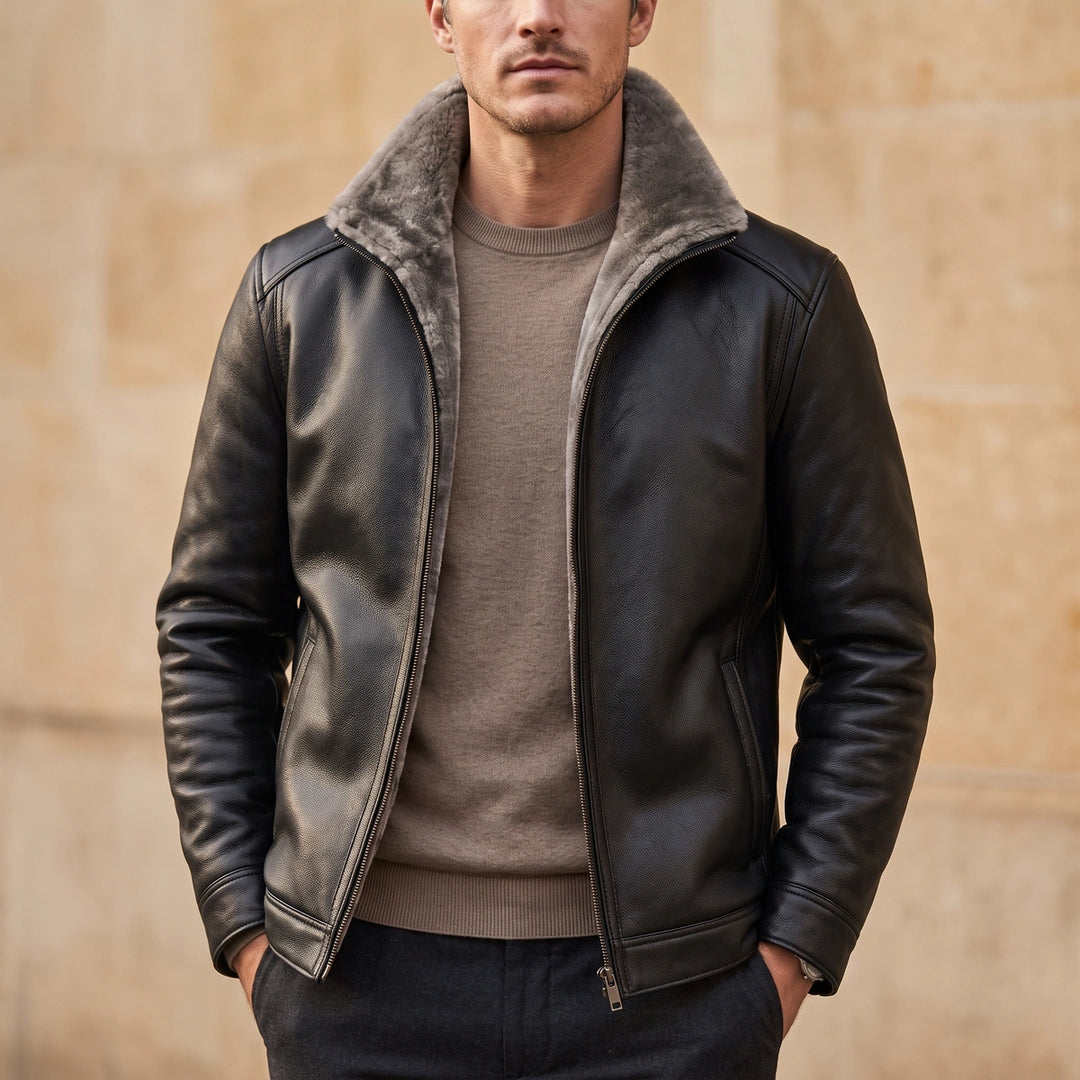 Cornelius Fleece Lined Leather Jacket - Black