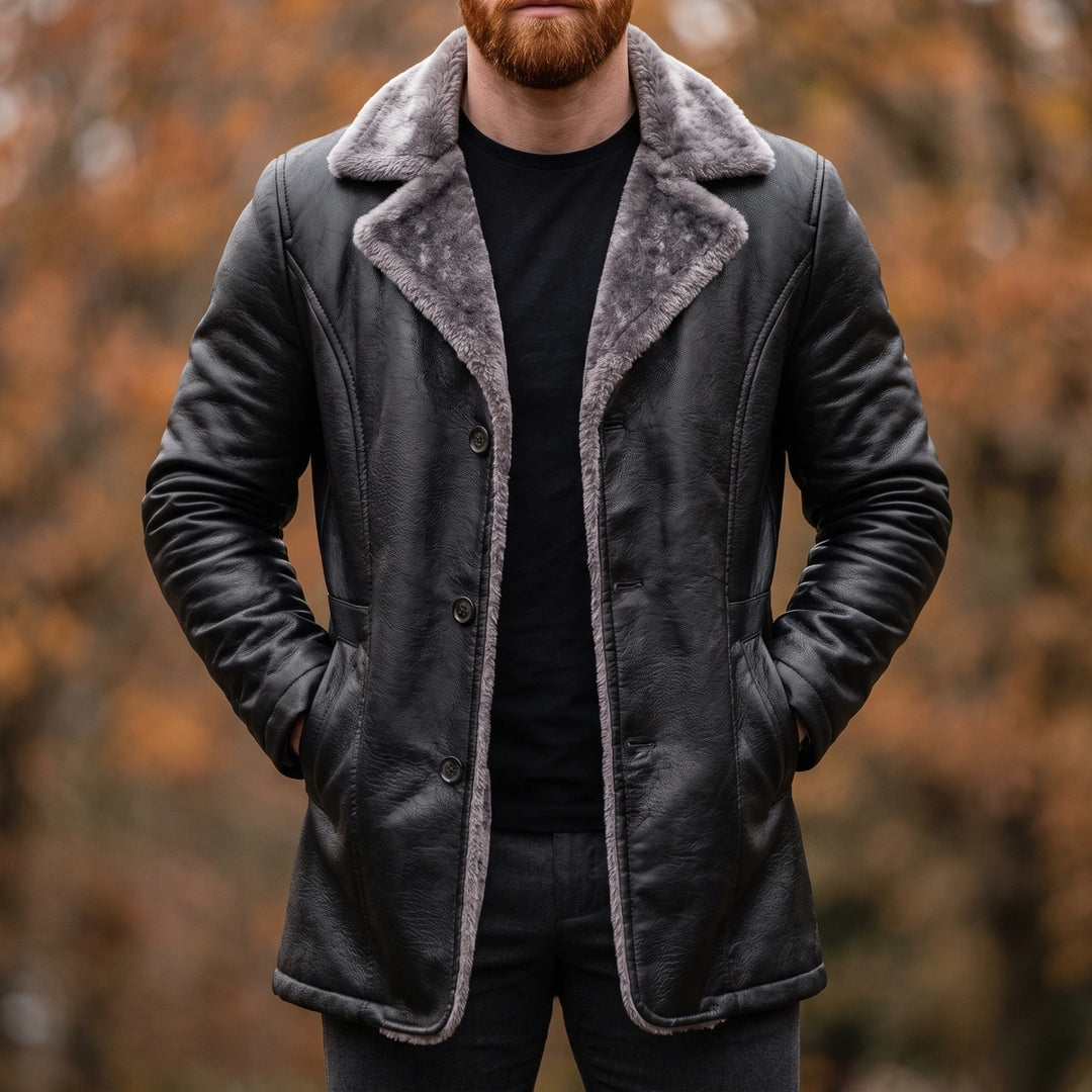 Godfrey Shearling Lined Vegan Leather Coat - Black
