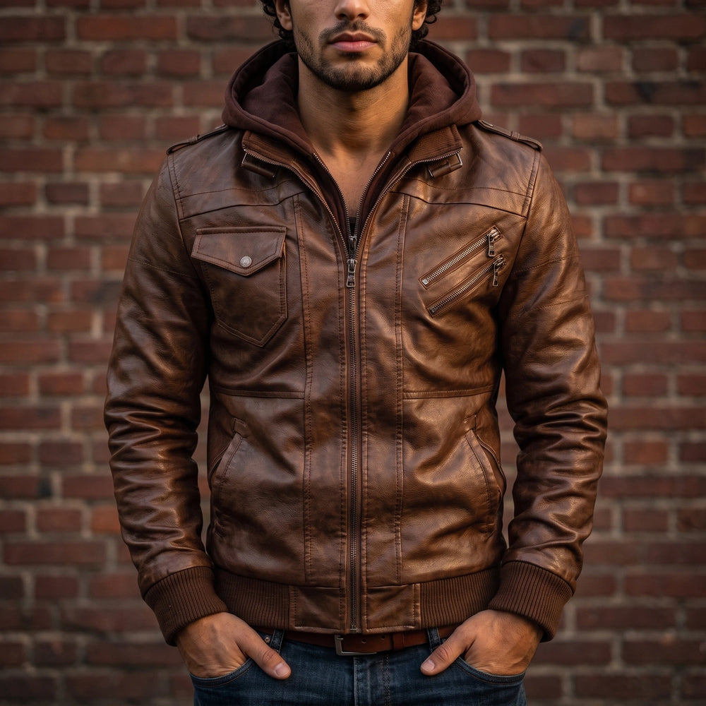 Evander Embroidered Leather Jacket - Brown