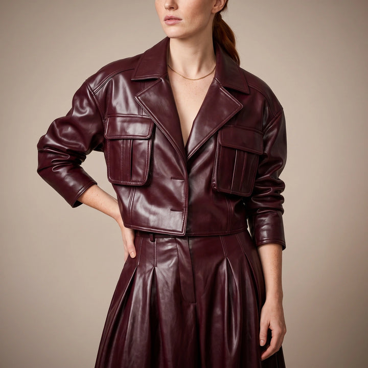 Rhiannon Cropped Patch Pocket Leather Jacket - Cabernet