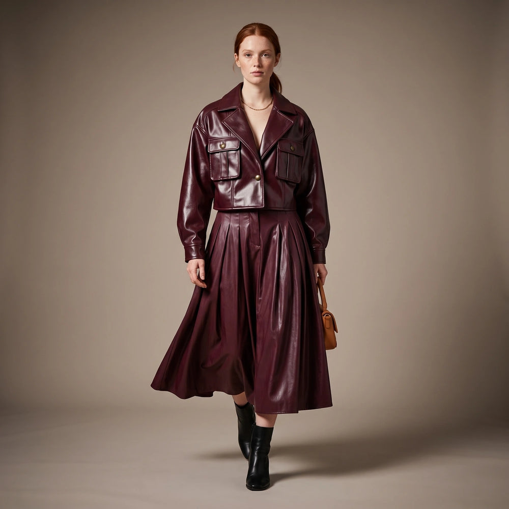 Rhiannon Cropped Patch Pocket Leather Jacket - Cabernet