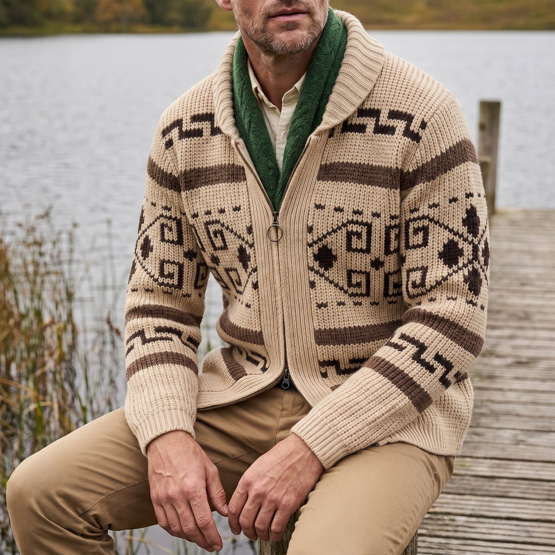 Rhodes Western Jacquard Shawl Cardigan - Beige
