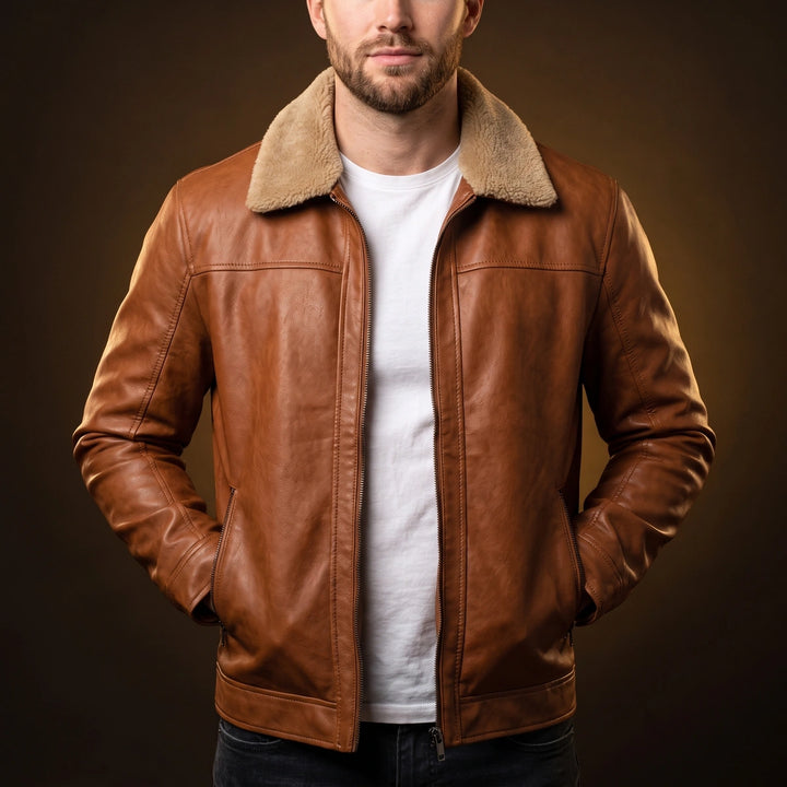 Roderick Shearling Collar Leather Jacket - Cognac