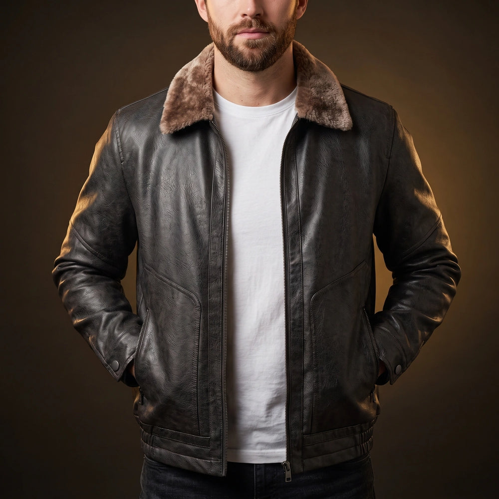 Roderick Shearling Collar Leather Jacket - Charcoal