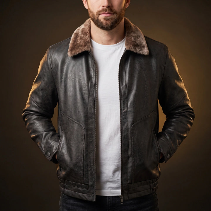 Roderick Shearling Collar Leather Jacket - Charcoal