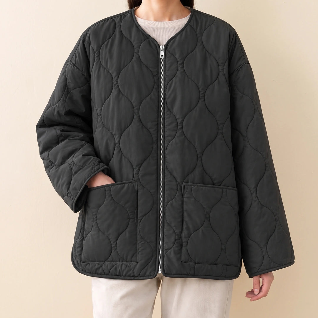 Rosa Wave Quilted Collarless Jacket - Black
