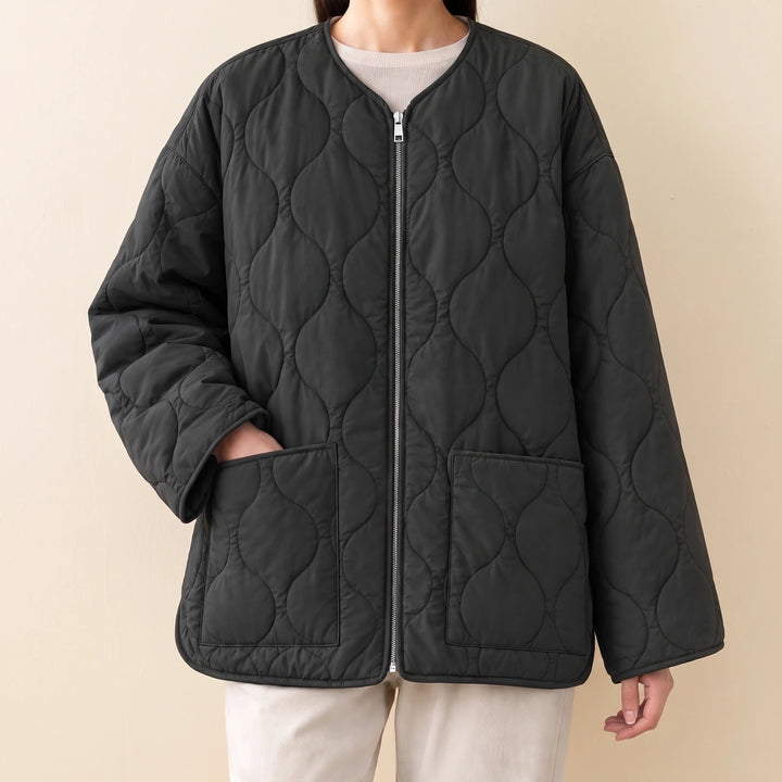 Rosa Wave Quilted Collarless Jacket - Black