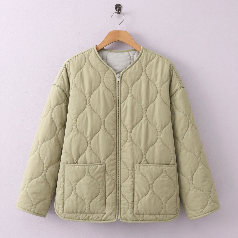 Rosa Wave Quilted Collarless Jacket - Khaki