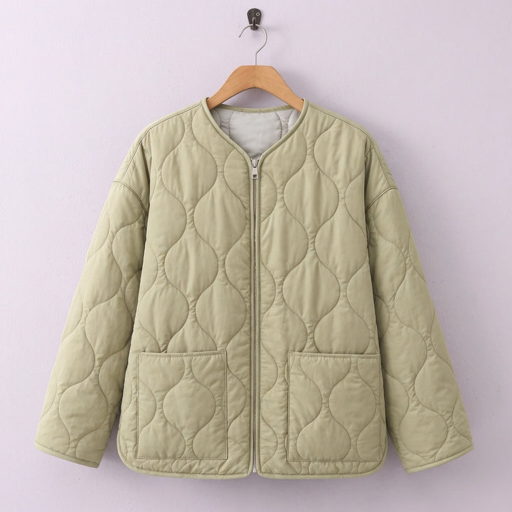 Rosa Wave Quilted Collarless Jacket - Khaki