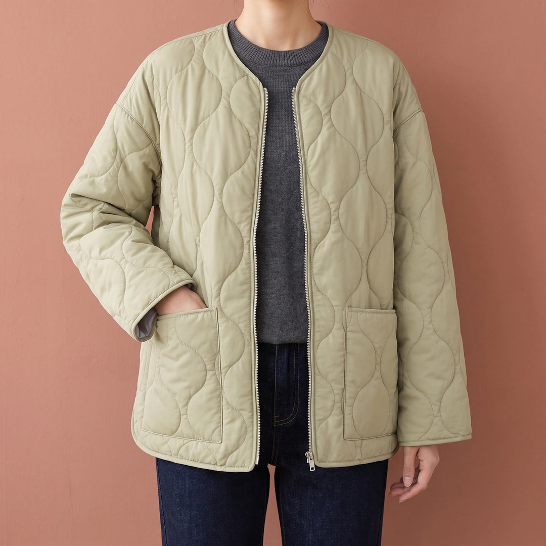 Rosa Wave Quilted Collarless Jacket - Khaki